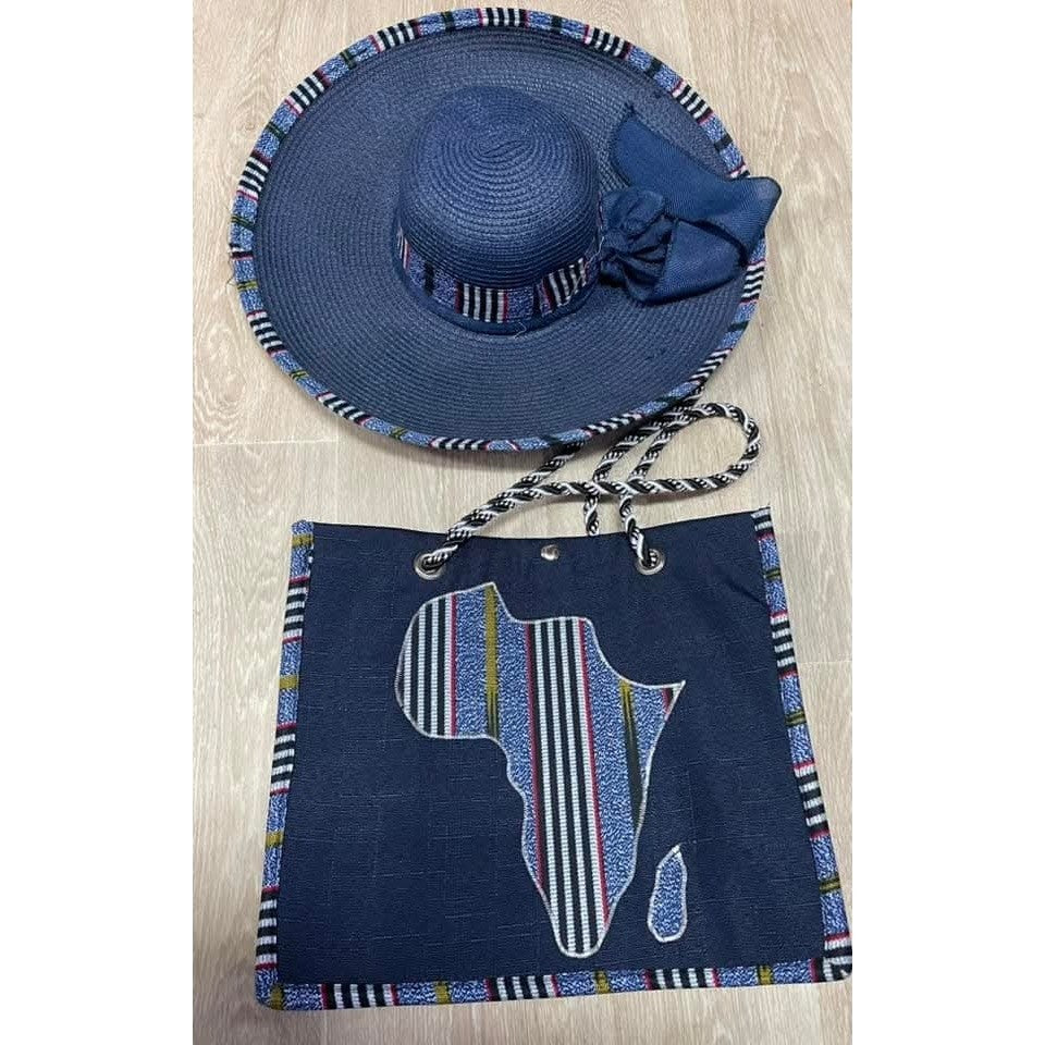 Sac et chapeau assortis bohème chic Blue– Set plage femme paille et jute