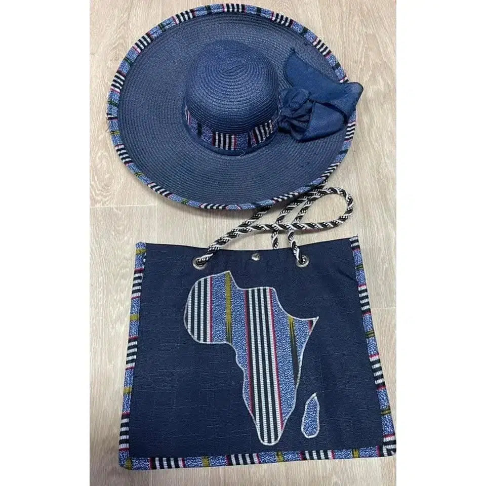 Sac et chapeau assortis bohème chic Blue– Set plage femme paille et jute