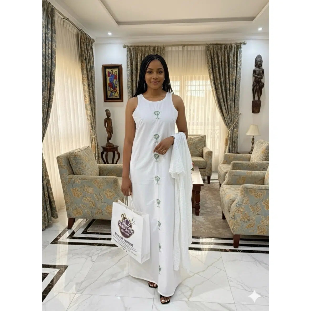 Robe longue blanche femme bohème en coton ajouré