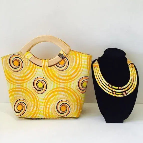 Ensemble sac à main jaune en wax avec collier ras de cou assorti