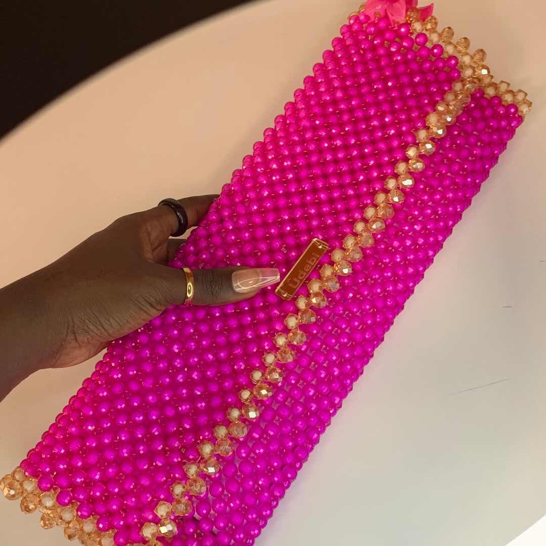 Sac en perles fait main rose doré, pochette élégante soirée femme