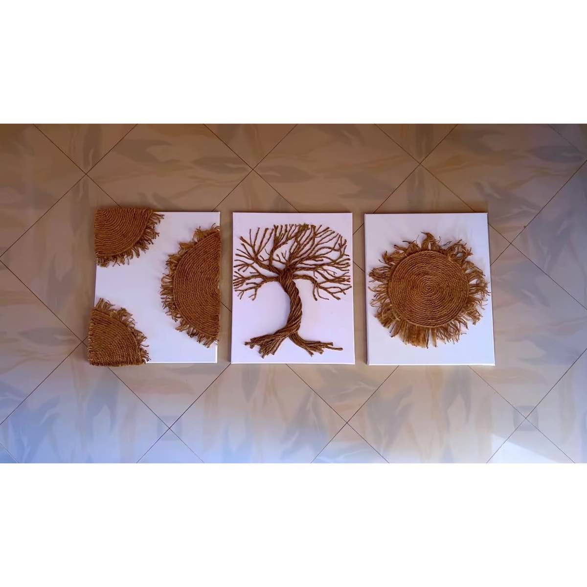 Tableau décoratif mural blanc beige 50x40 cm, corde de jute bohème