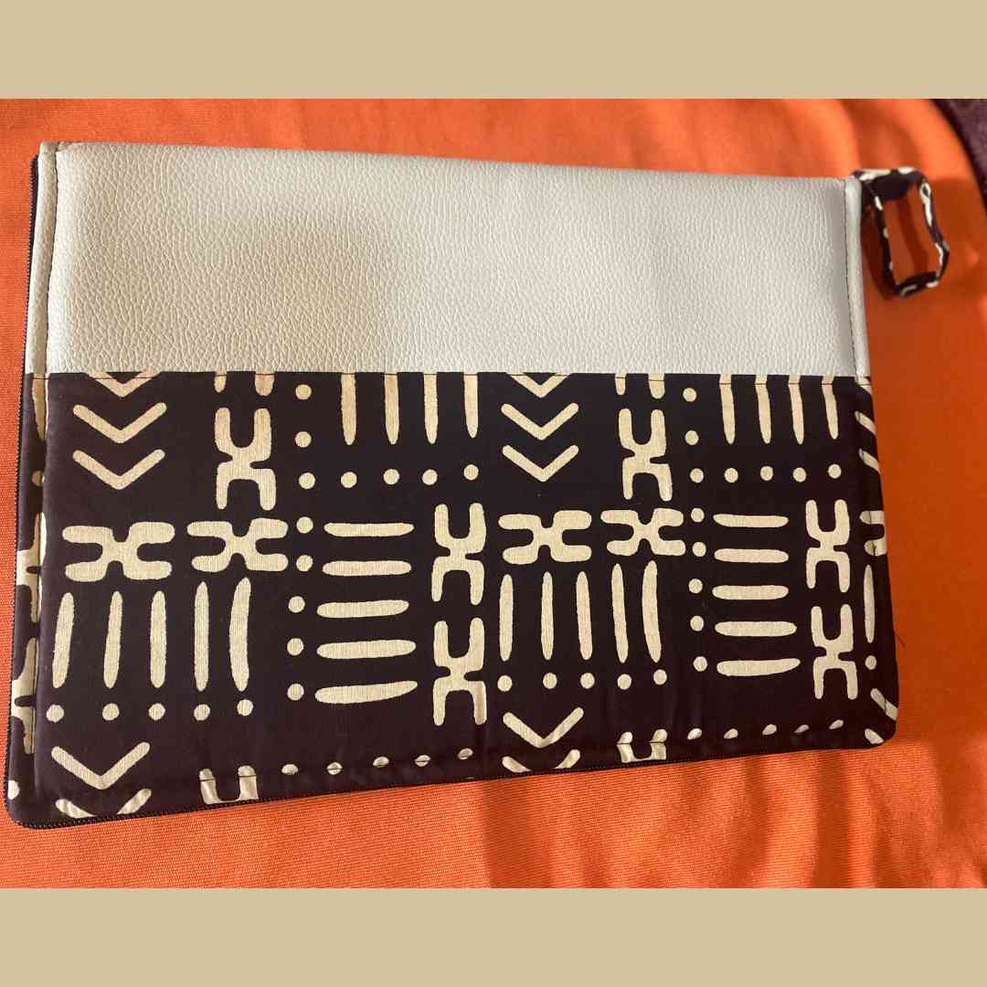 Cartable ordinateur 14 pouces wax et simili cuir marron beige chic femme