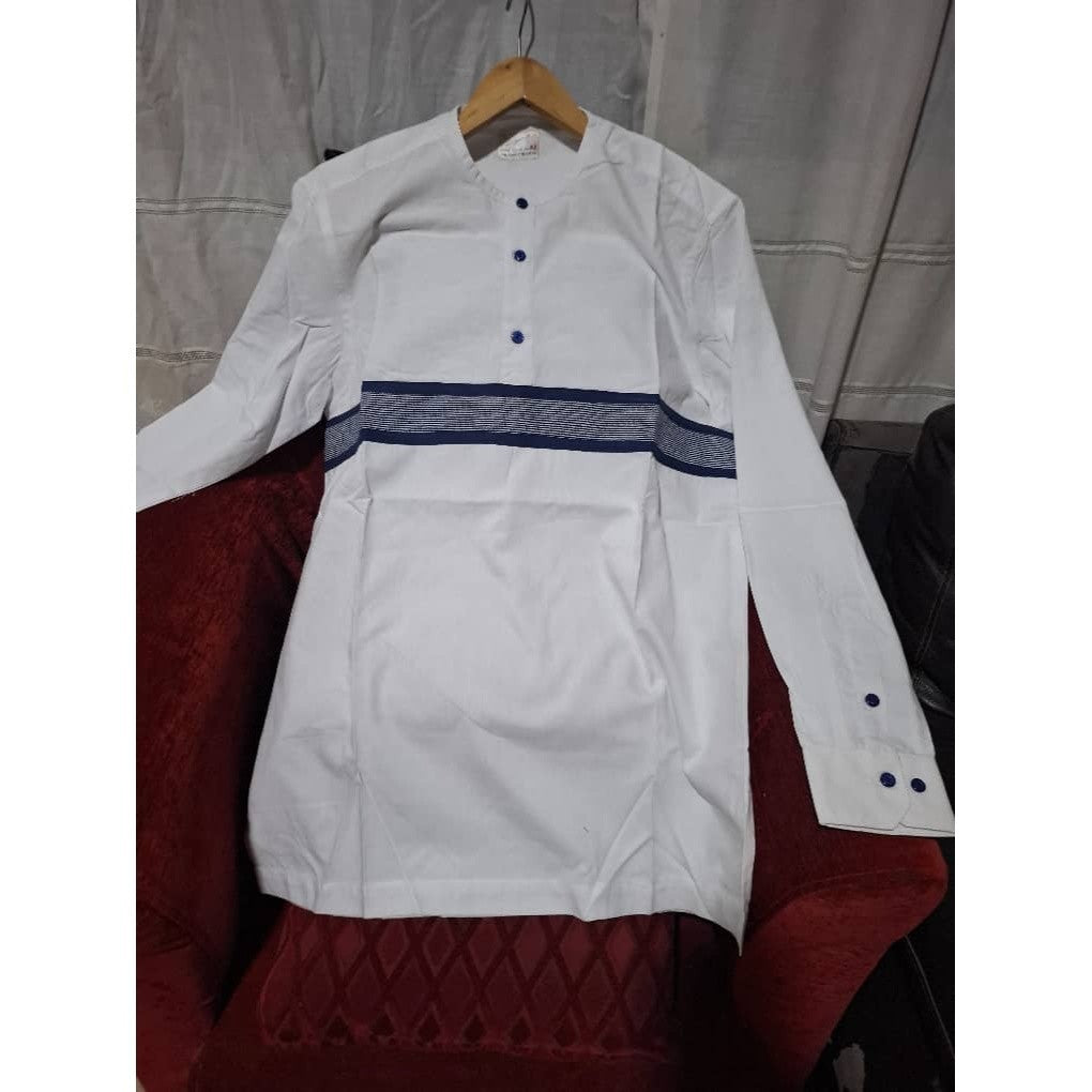Chemise homme coton blanche col Mao bleu
