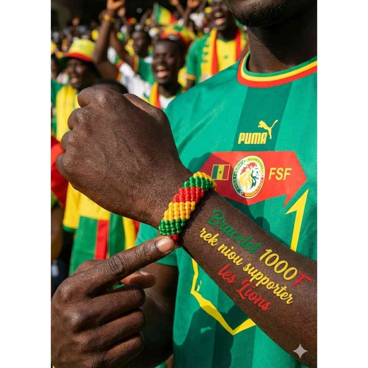 Bracelet macramé fait main vert jaune rouge, bijou artisanal sénégalais