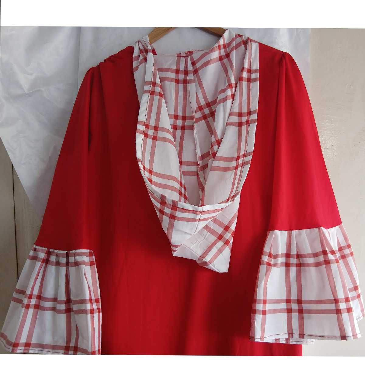 Robe femme coton rouge blanc longue chic décontractée manches 3/4