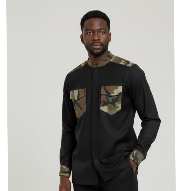 Chemise homme avec poche rabat et motifs militaires