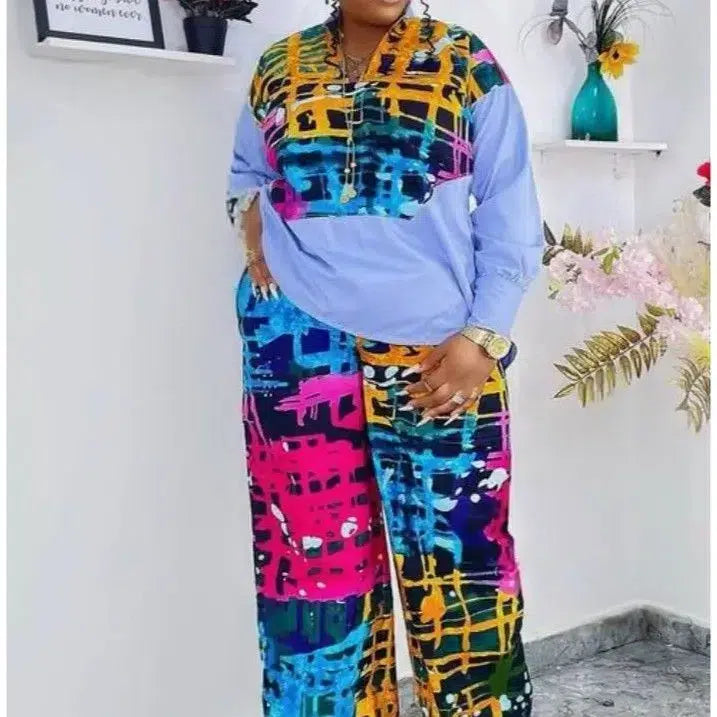 Ensemble femme chemise pantalon patchwork coloré Woodin ample et moderne