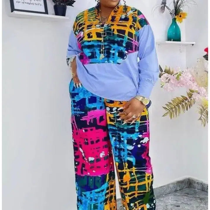 Ensemble femme chemise pantalon patchwork coloré Woodin ample et moderne