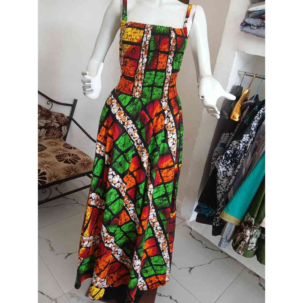 Robe wax femme longue évasée à bretelles (Taille XXL)