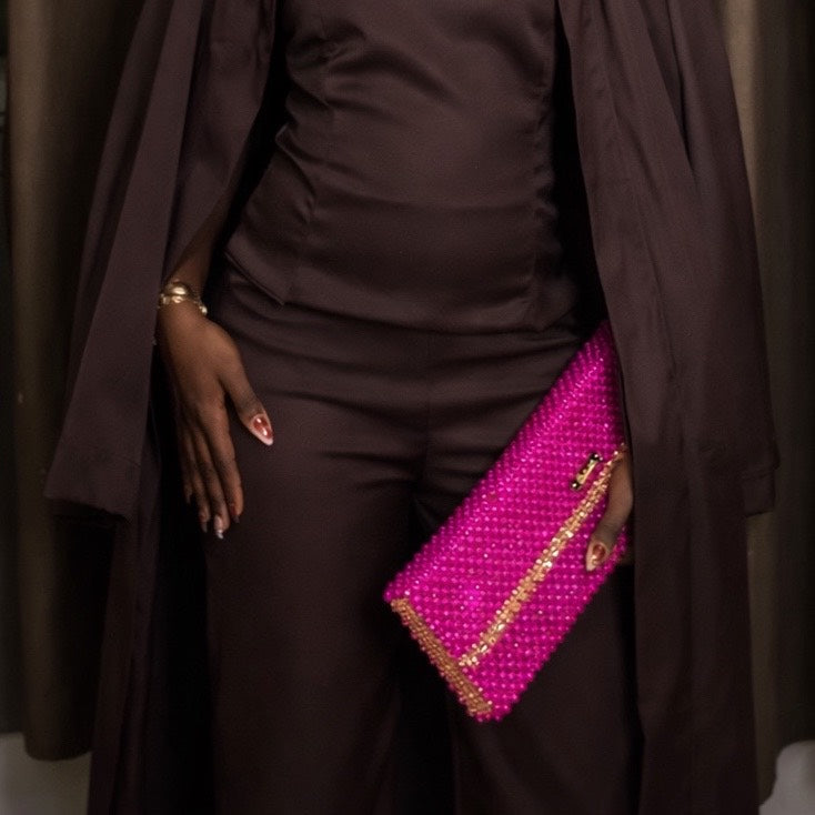 Sac en perles fait main rose doré, pochette élégante soirée femme
