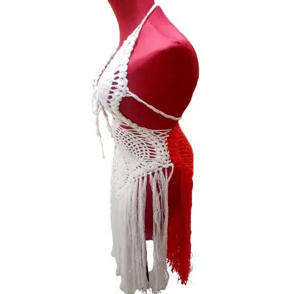 Robe crochet fait main bohème chic blanche rouge – Robe été artisanale femme