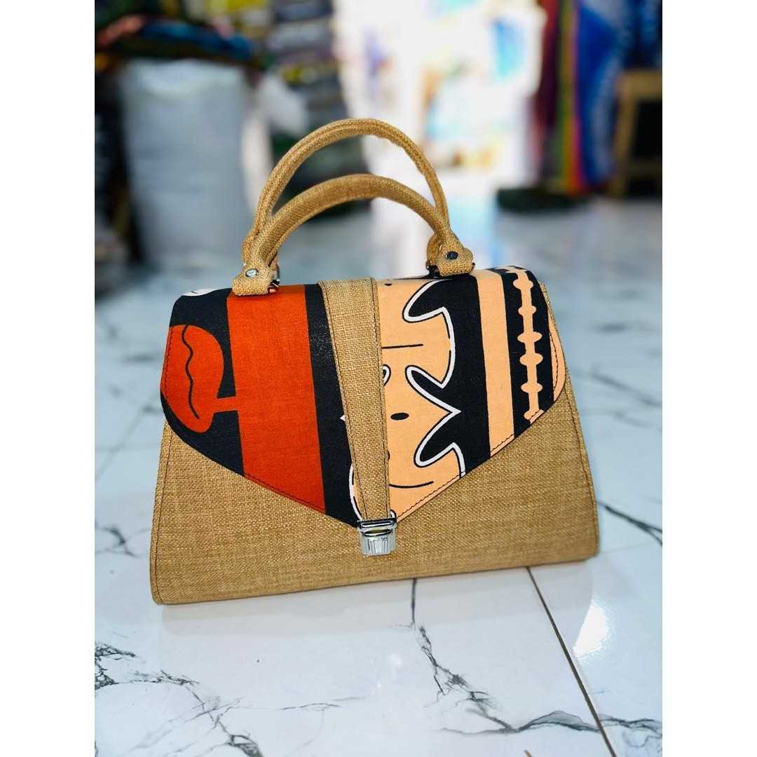 Sac à bandoulière femme bohème chic en toile de jute, orange et beige