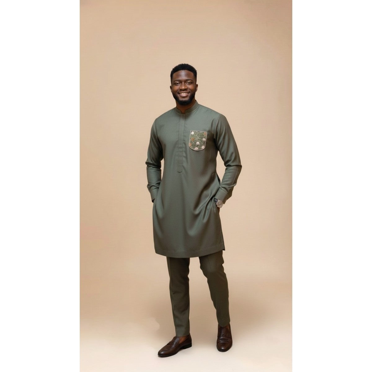 Elegant Khaki Mao Collar Men's Set – Modern Chic Ceremony Suit