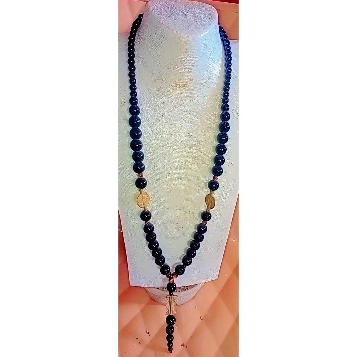 Collier perles noires élégant homme, bijou chic doré et obsidienne noir