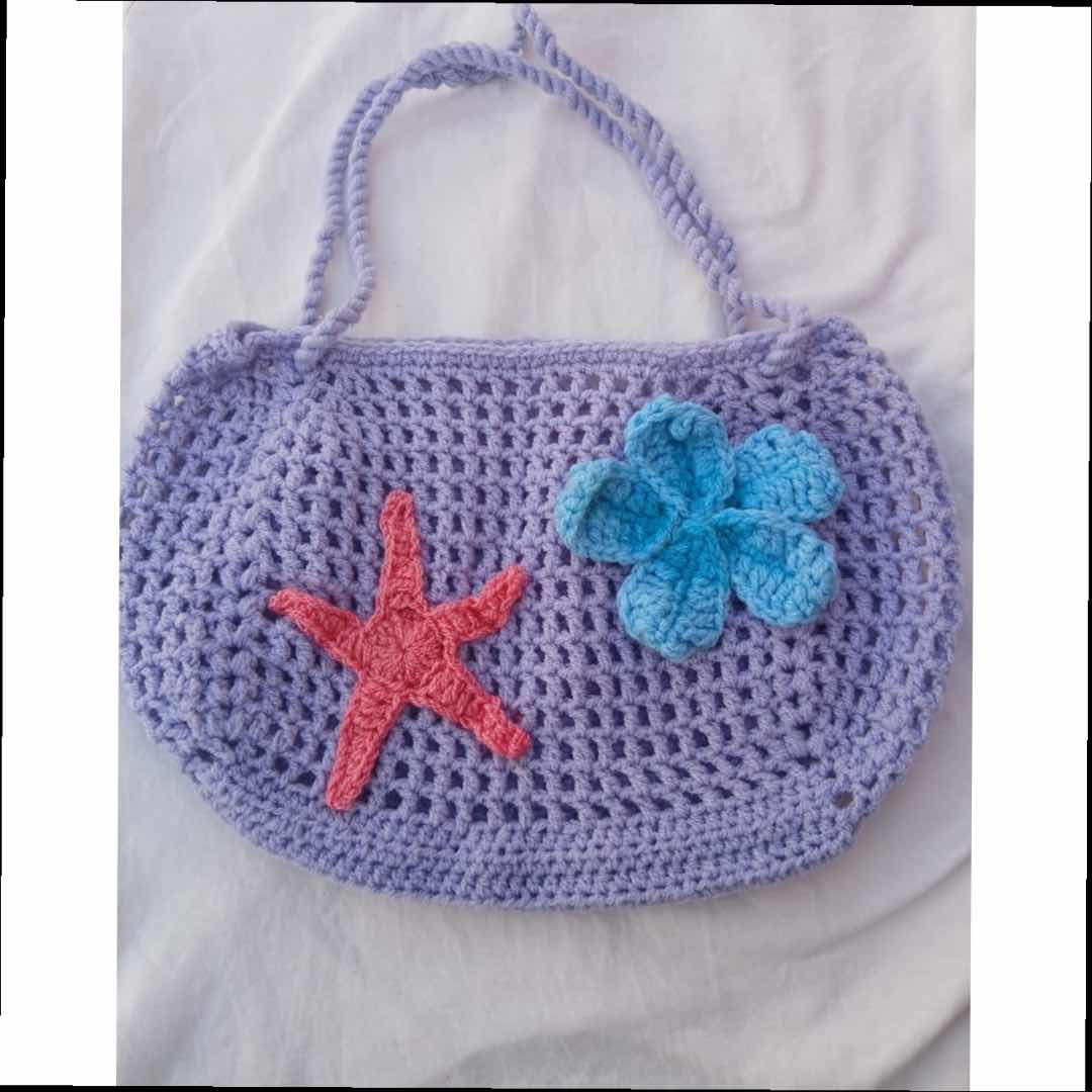 Sac de plage crochet lilas fait main, motif étoile de mer, style bohème