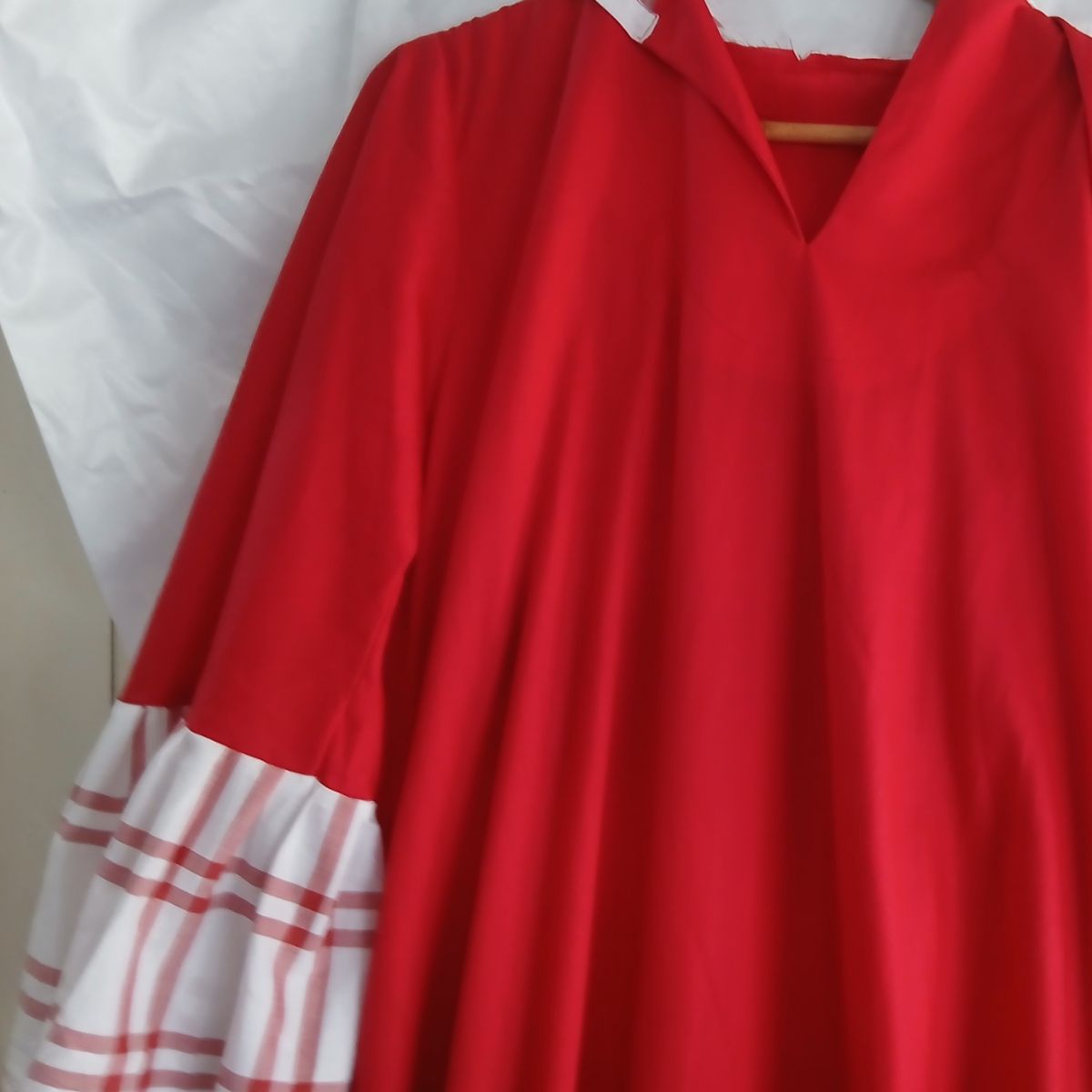 Robe femme coton rouge blanc longue chic décontractée manches 3/4