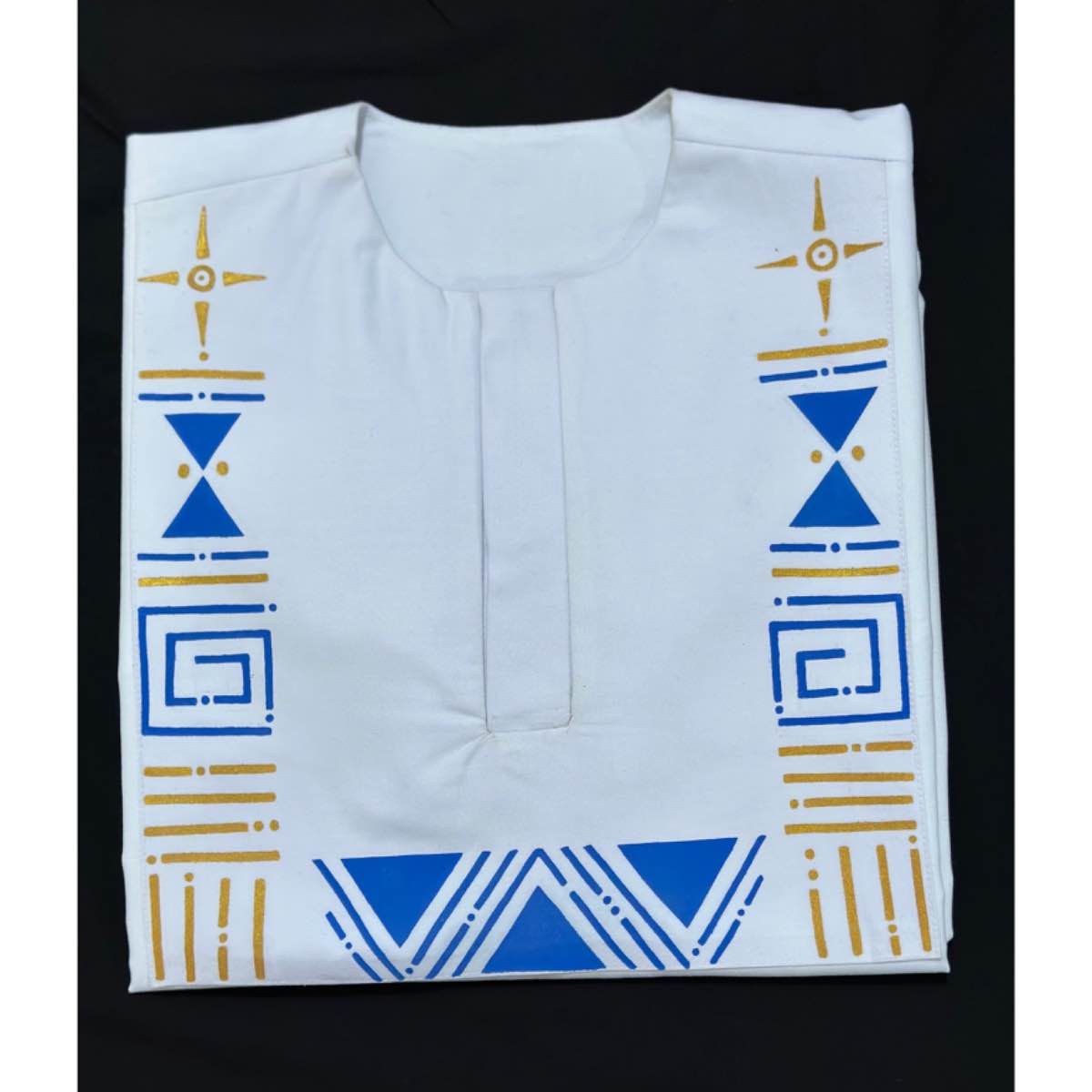 Chemise blanche homme motifs bleus et dorés, col rond, coton-lin