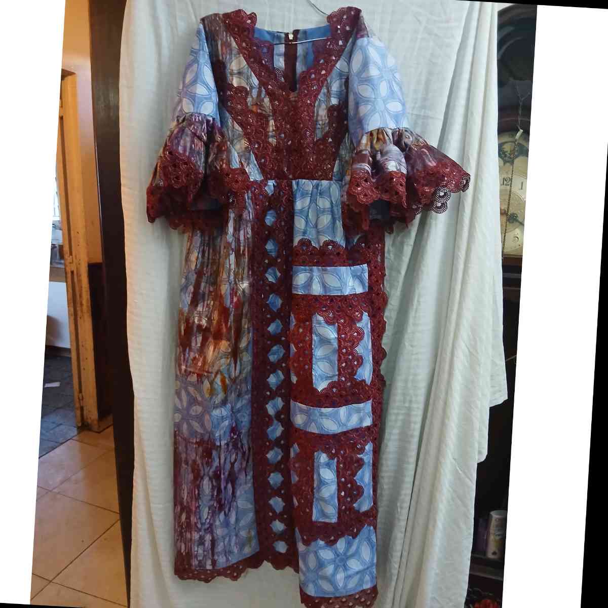 Robe bohème chic femme longue patchwork dentelle bordeaux bleu ethnique