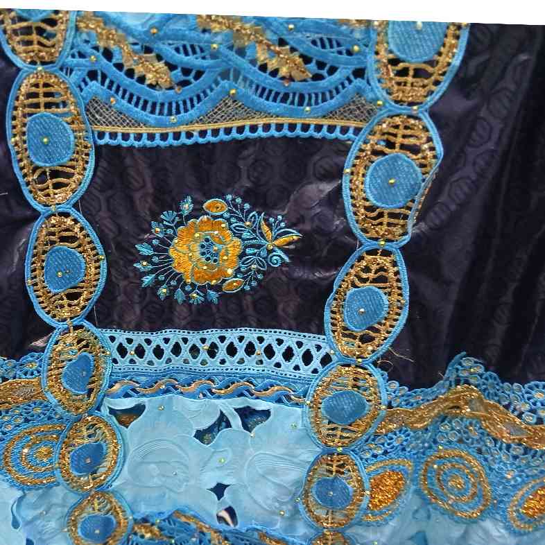 Robe geztner bleu marine brode garnitures bleu turquoise