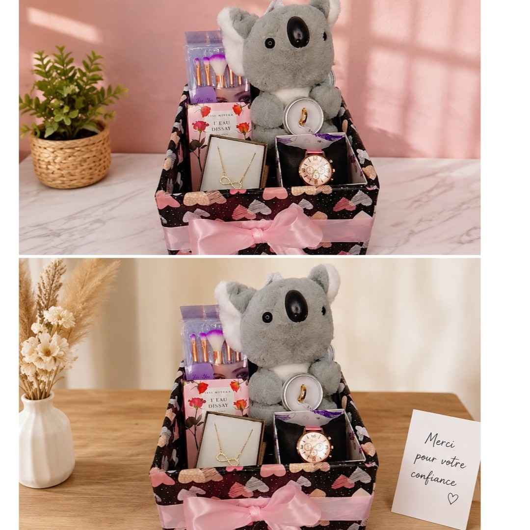 Coffret cadeau femme chic Noir Rose avec peluche et bijoux, idée cadeau original