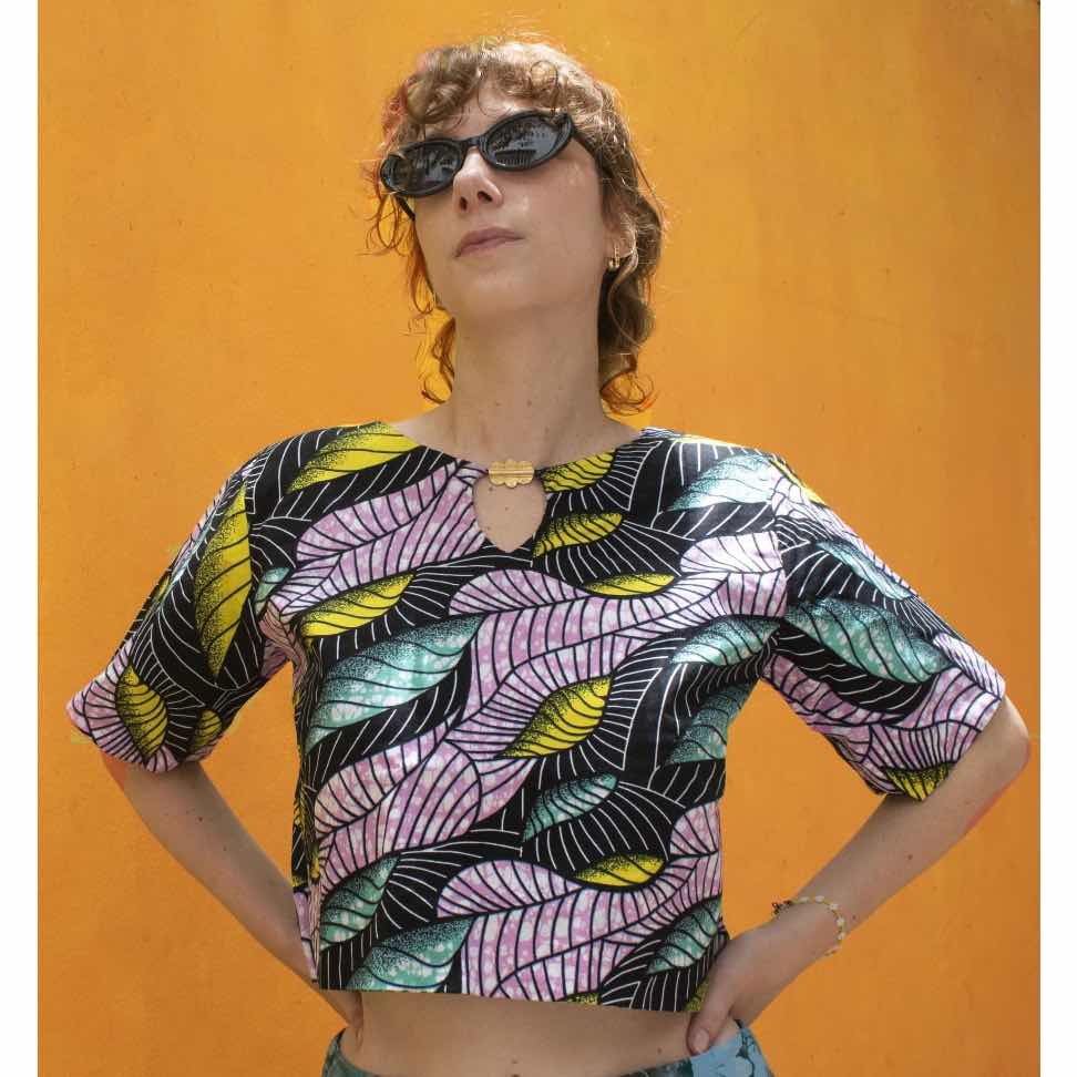 Crop top femme violet rayé Nelou, haut court élégant à col rond