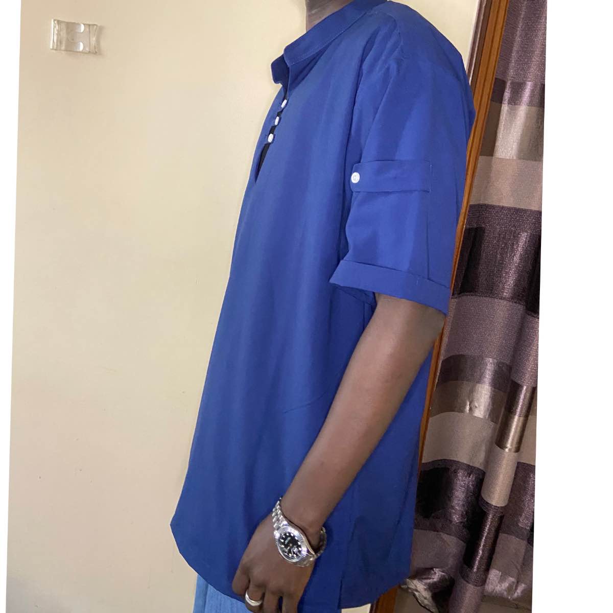 Chemise homme bleu col mao manches courtes élégante coton soirée XL