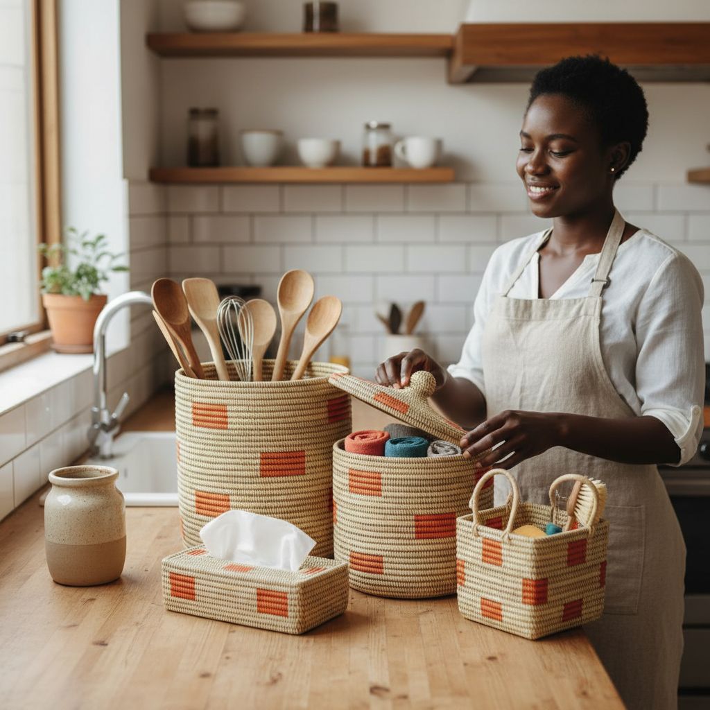 Ensemble panier africain maison en fibres naturelles, déco et rangement artisanal