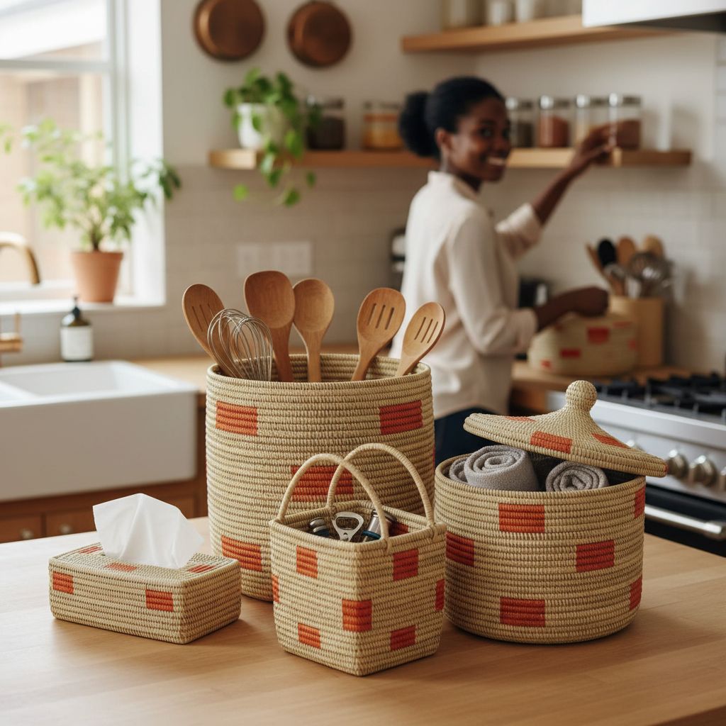 Ensemble panier africain maison en fibres naturelles, déco et rangement artisanal