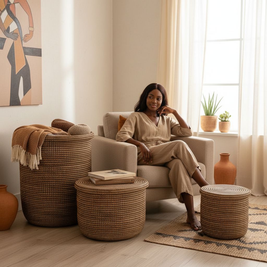 Lot de 3 paniers de rangement africains tressés en fibres naturelles décoratifs