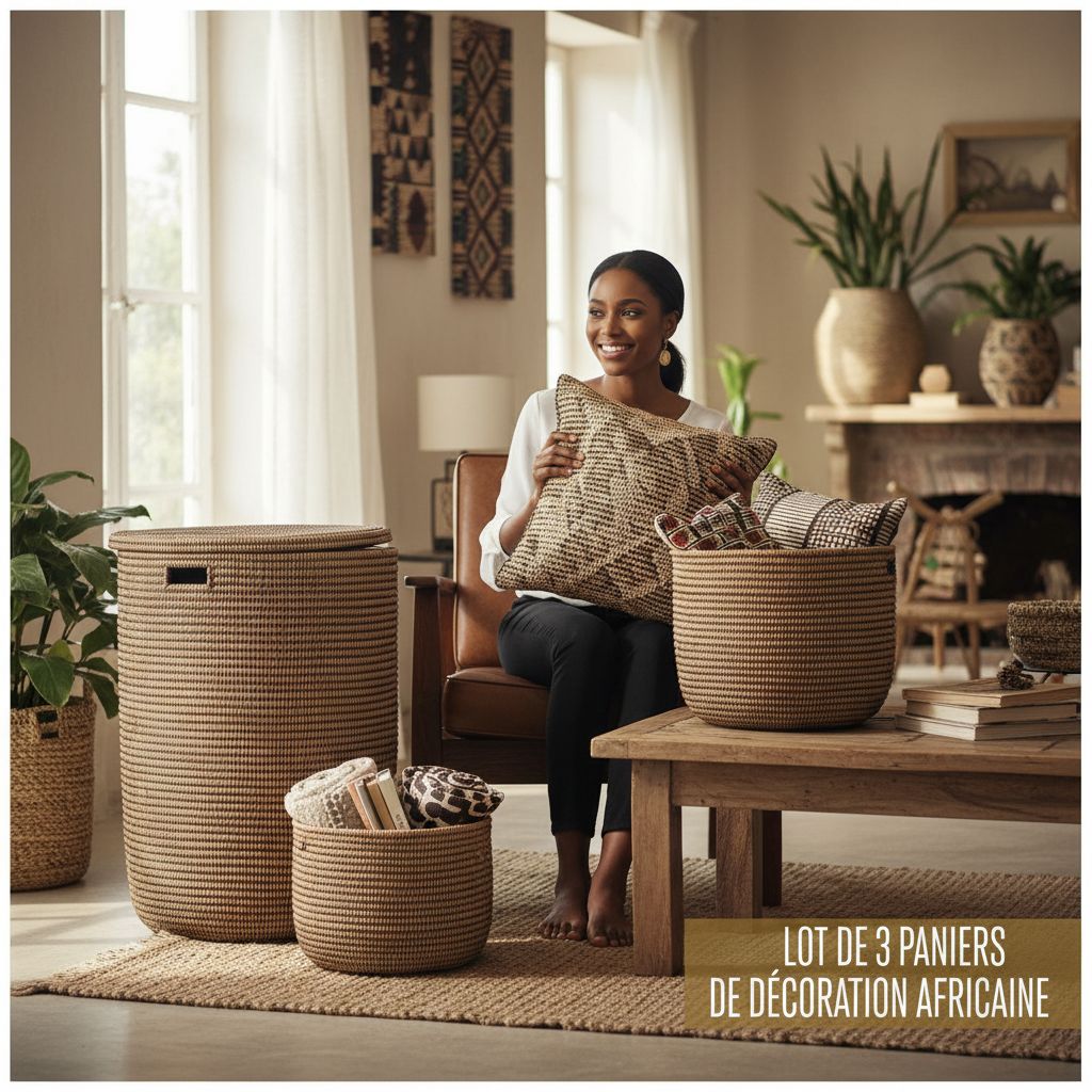 Lot de 3 paniers de rangement africains tressés en fibres naturelles décoratifs