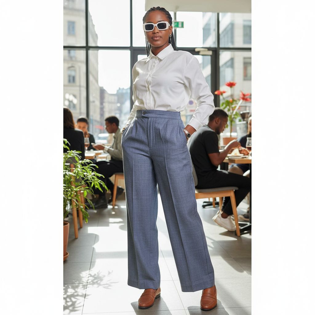 Pantalon femme bas large bleu à fines rayures, taille haute élégant