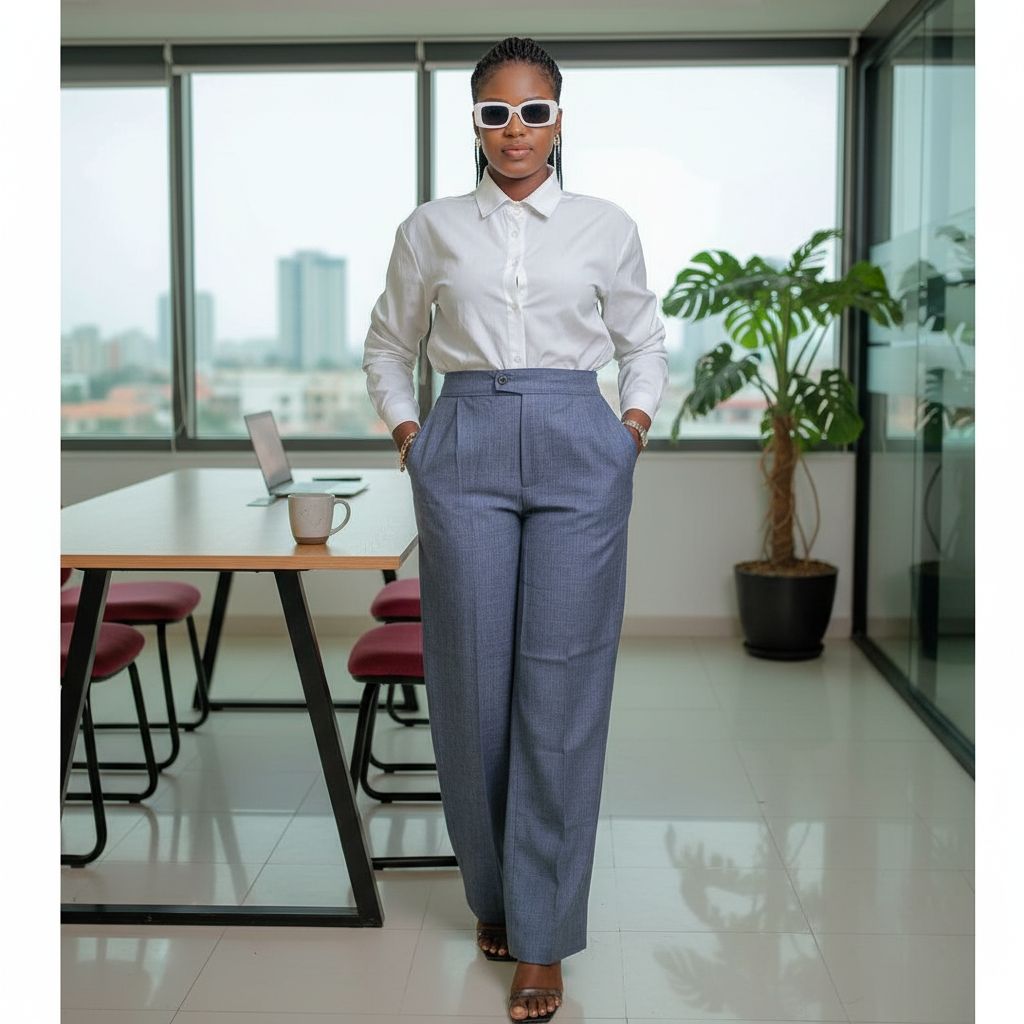 Pantalon femme bas large bleu à fines rayures, taille haute élégant