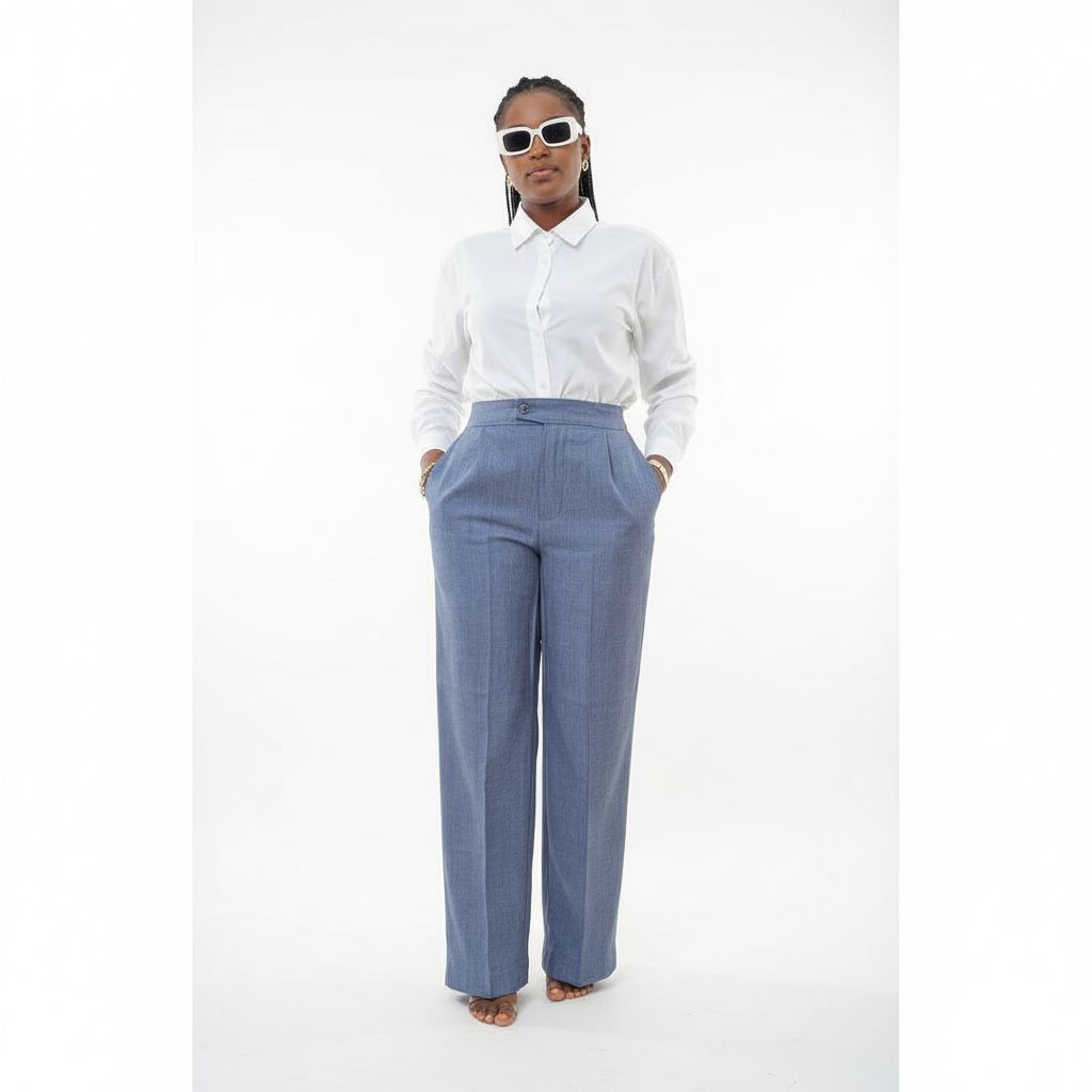 Pantalon femme bas large bleu à fines rayures, taille haute élégant