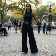 Pantalon femme noir ample et wax, chic décontracté, taille haute confortable