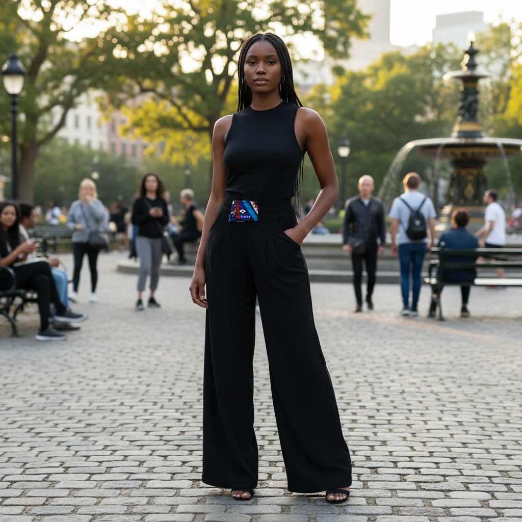 Pantalon femme noir ample et wax, chic décontracté, taille haute confortable