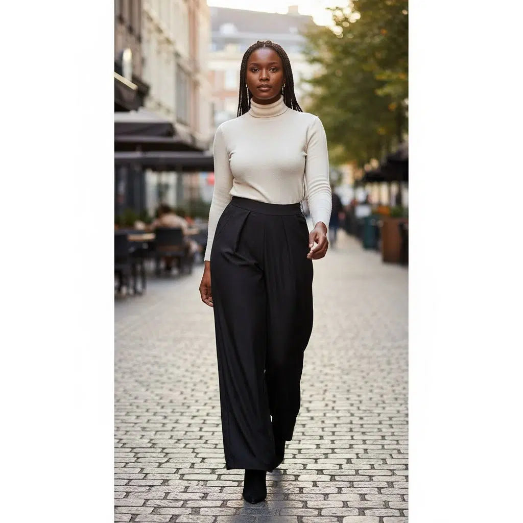 Pantalon femme noir large taille haute