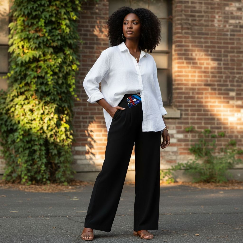 Pantalon femme noir ample et wax, chic décontracté, taille haute confortable