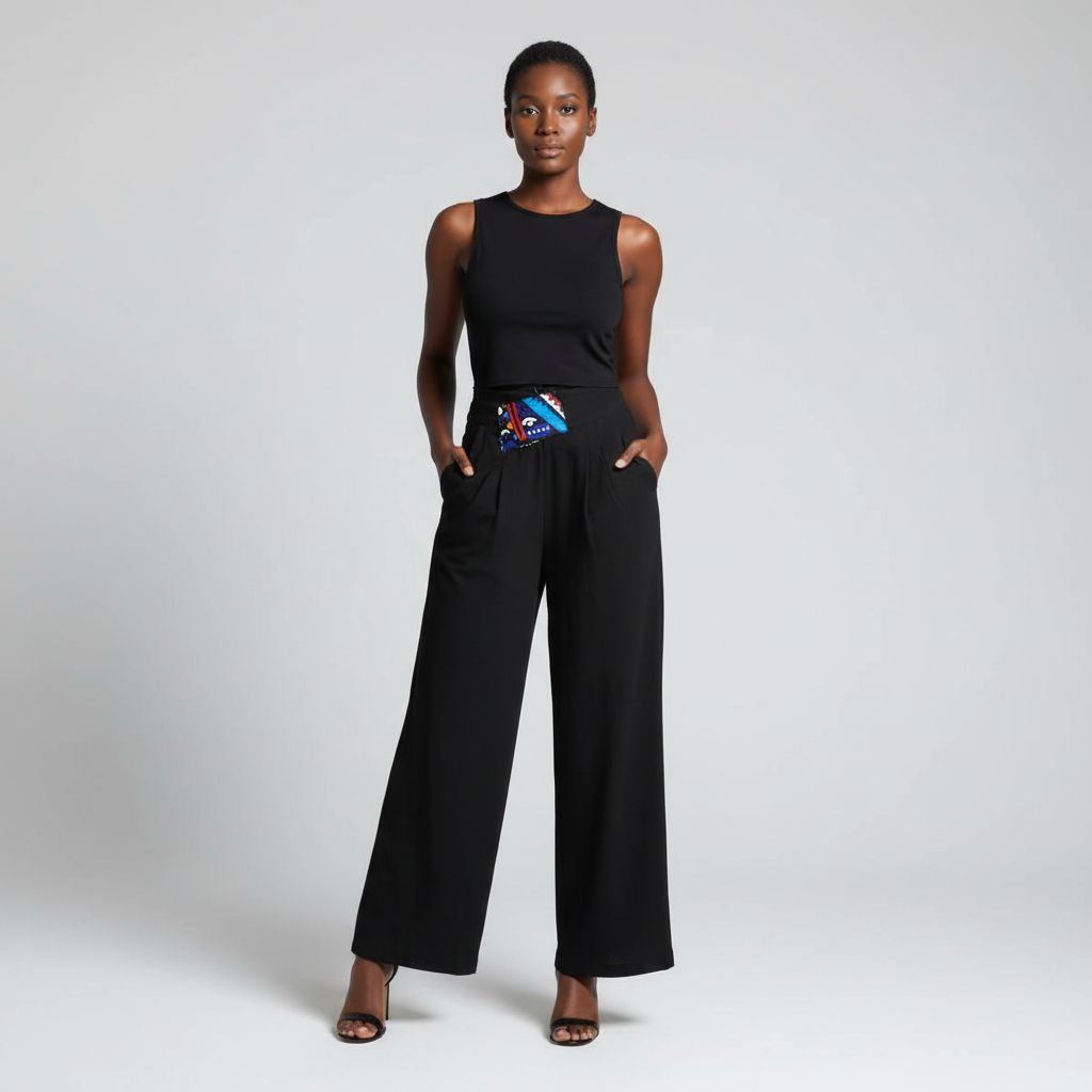 Pantalon femme noir ample et wax, chic décontracté, taille haute confortable