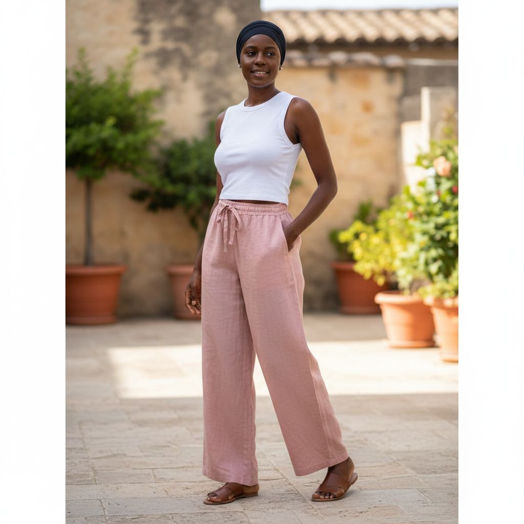 Pantalon large femme en lin rose ample avec poches