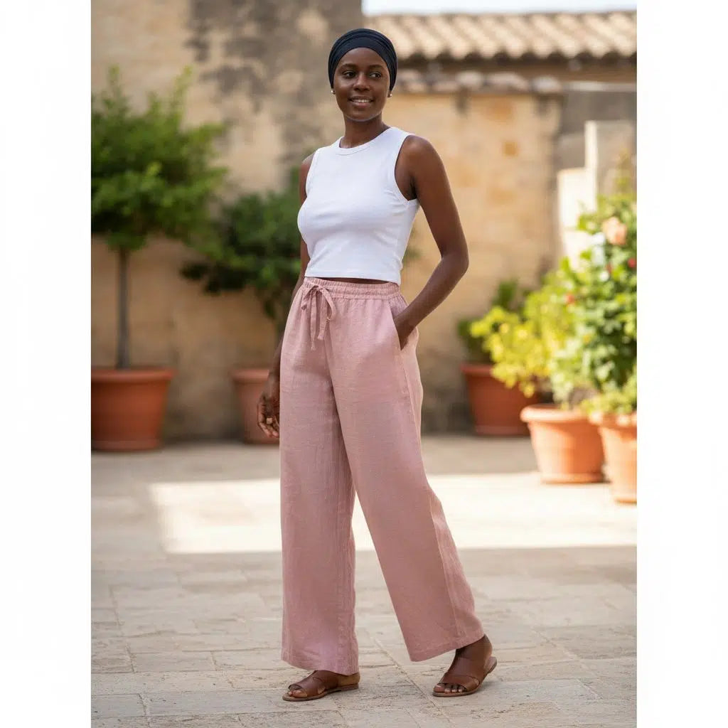 Pantalon large femme en lin rose ample avec poches