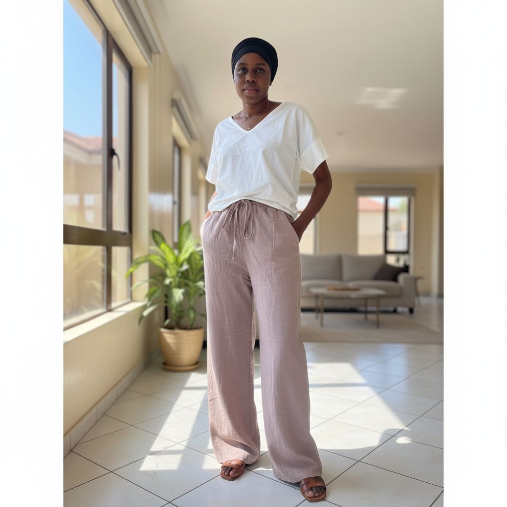 Pantalon large femme rose poudré en coton lin en taille standard