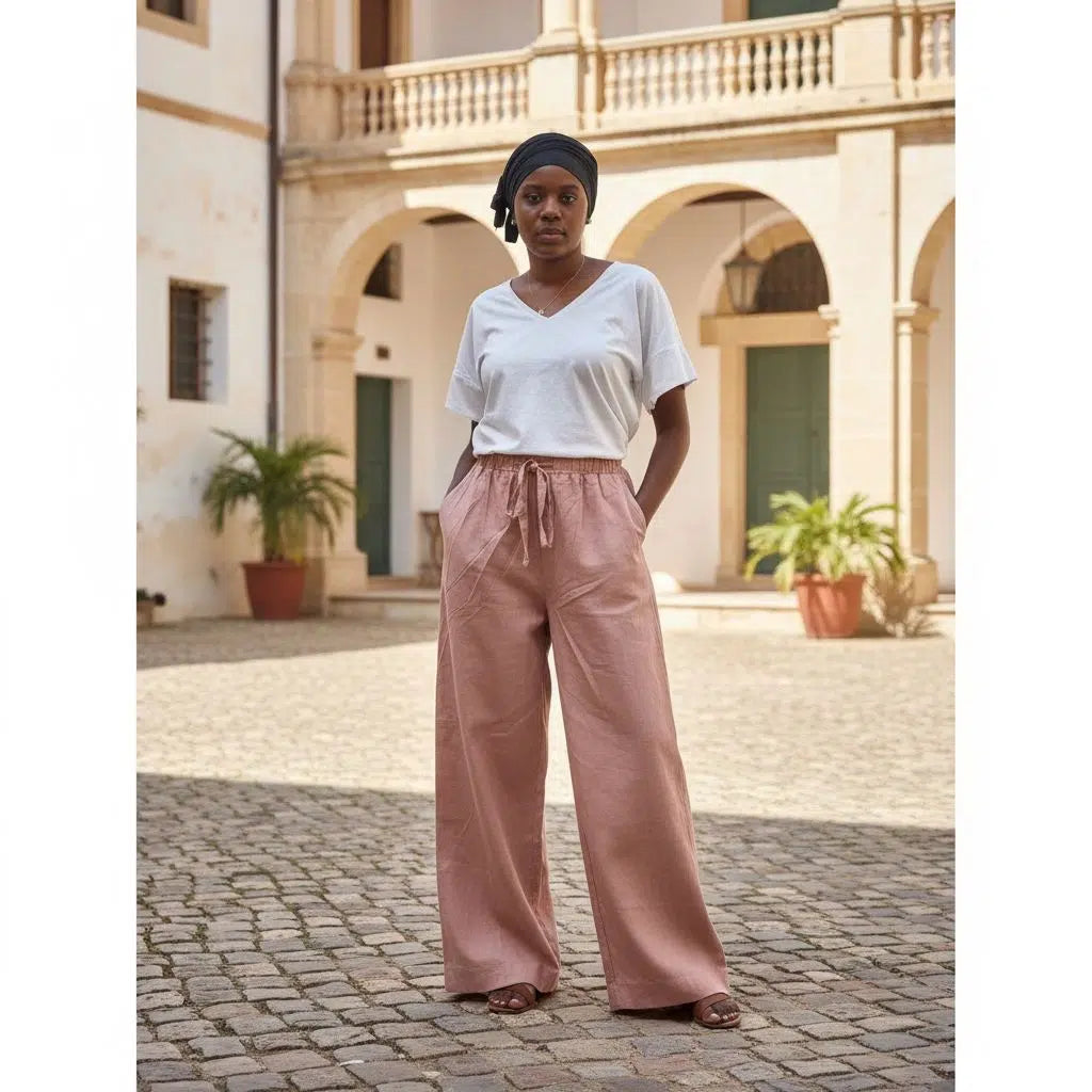 Pantalon large femme en lin rose ample avec poches