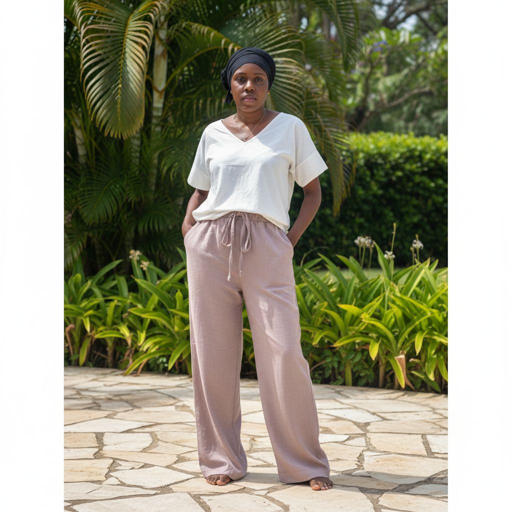 Pantalon large femme rose poudré en coton lin en taille standard