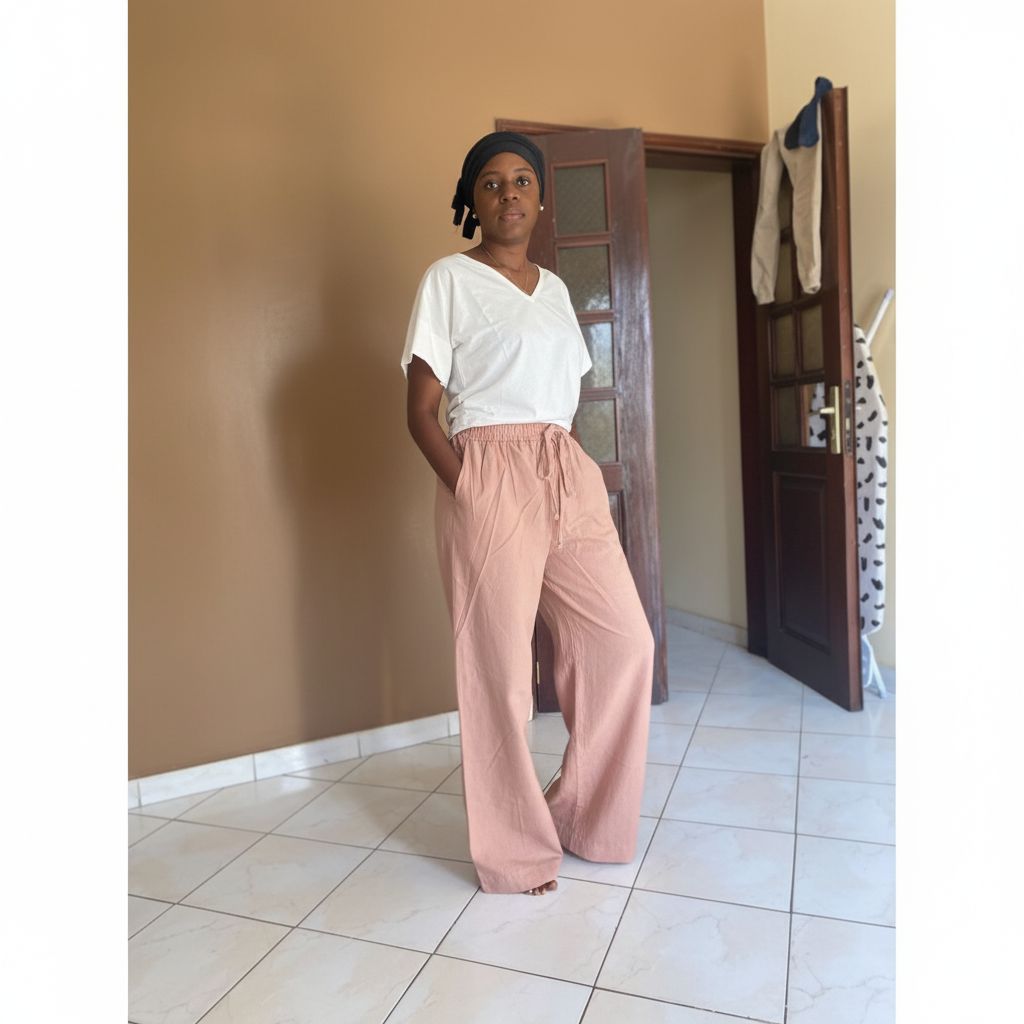 Pantalon large femme en lin rose ample avec poches