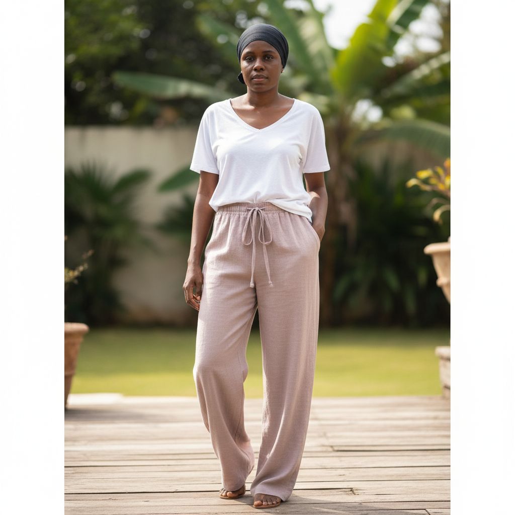 Pantalon large femme rose poudré en coton lin en taille standard
