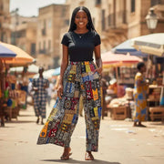 Pantalon wax en coton large avec patchwork africain