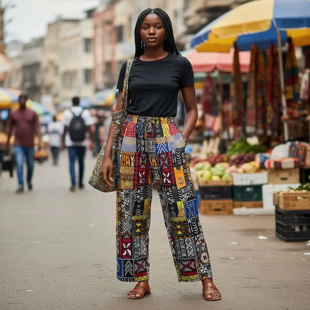 Pantalon wax en coton large avec patchwork africain