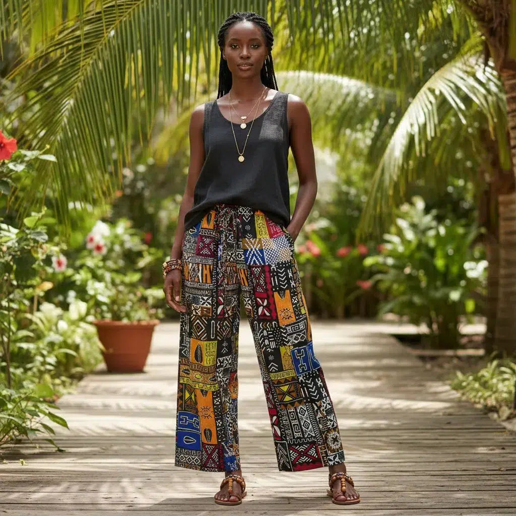 Pantalon wax en coton large avec patchwork africain