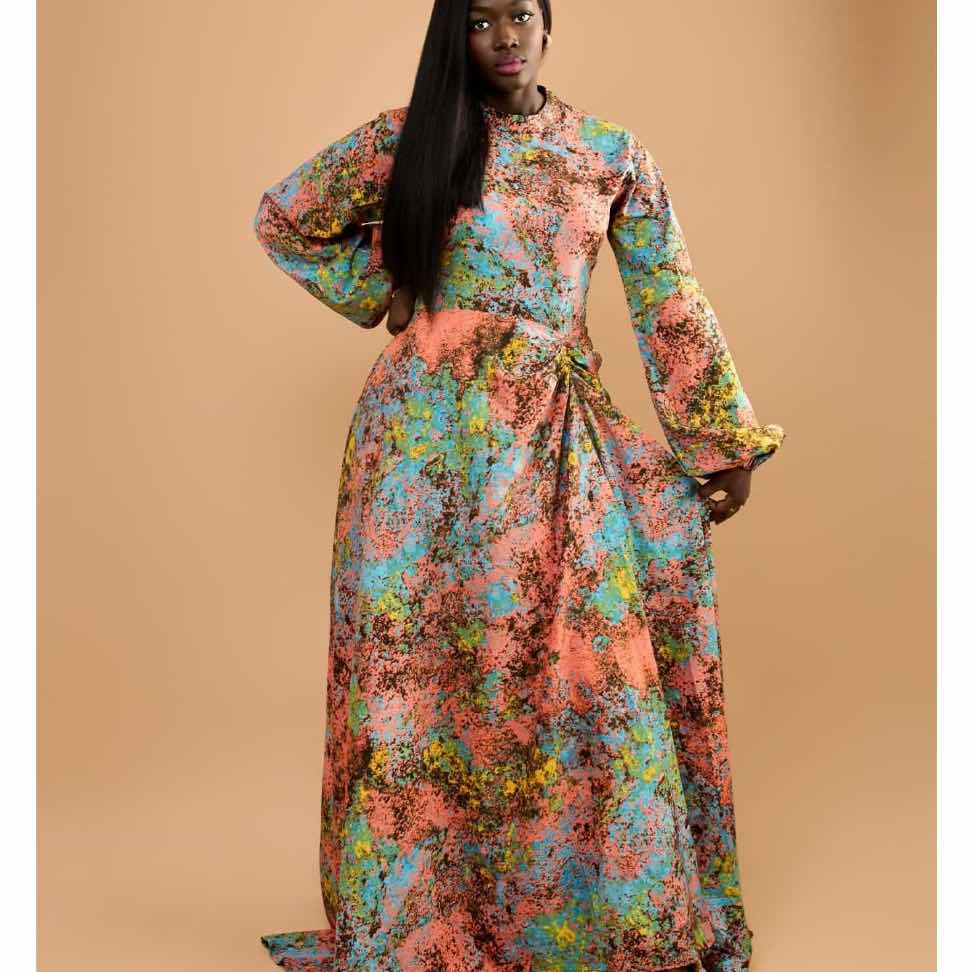 Robe coton multicolore femme longue imprimé abstrait, élégante et fluide